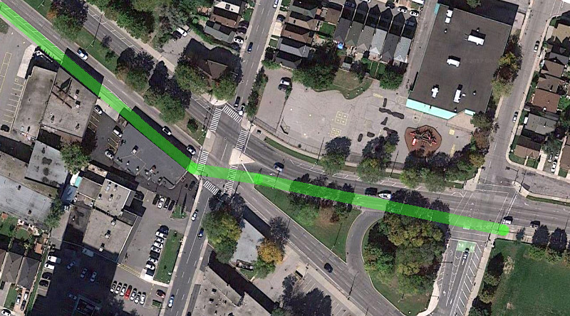 Proposed two-way cycle track on York extending from Cannon and Hess toward Dundurn (Image Credit: Google Maps)