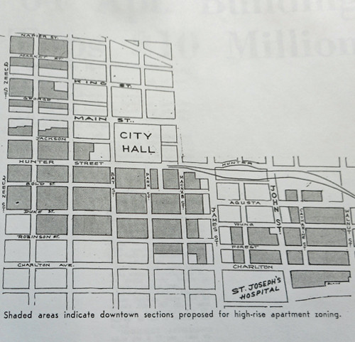 In 1964, amid the usual fretting and grumbling that we were falling behind other large cities, height restrictions were removed from forty-six blocks in the core. Source: Hamilton Spectator, Nov. 25, 1964.