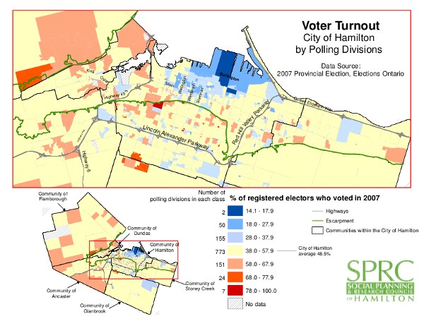 Map 1: Voternout in Hamilton by Polling Divisions (Source: 2007 Provincial Election, Elections Ontario)