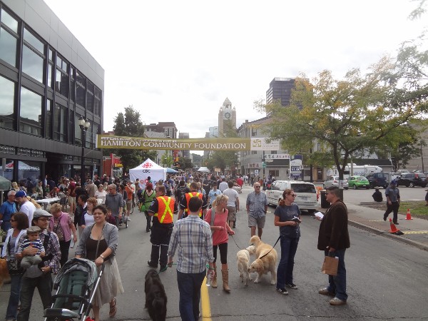 People filling the street on Saturday afternoon