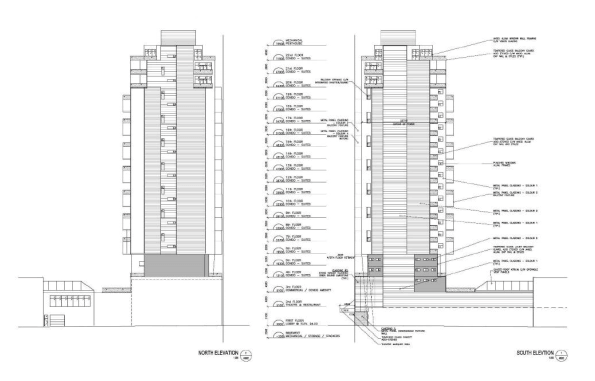 North and south elevations of the proposed building show how the location of the proposed parking stackers has pushed the tower towards the property's James St North frontage