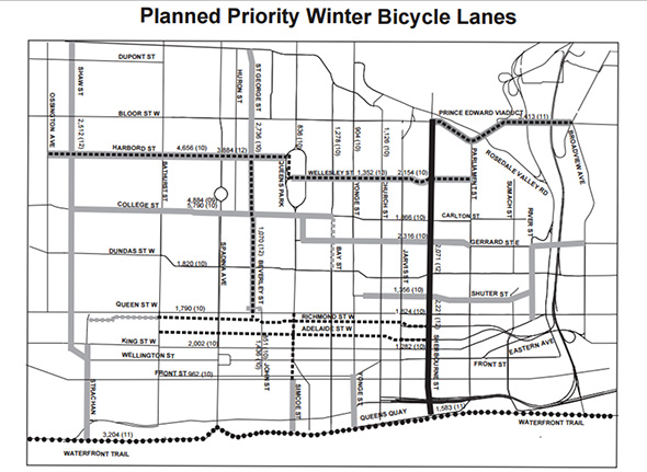 Planned priority winter bicycle lanes, Toronto