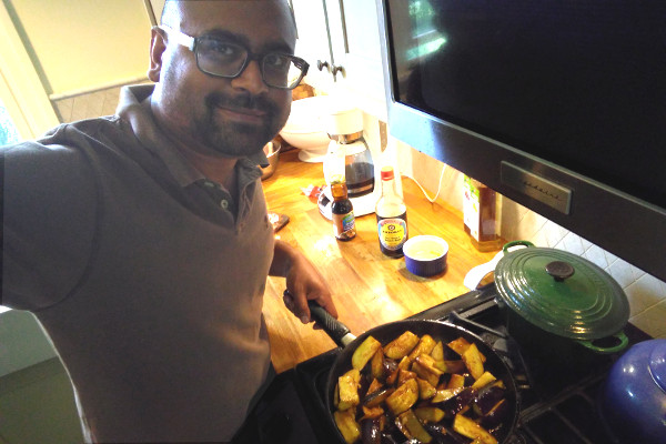 Dr. Ameil Joseph showing off his sauteed eggplant