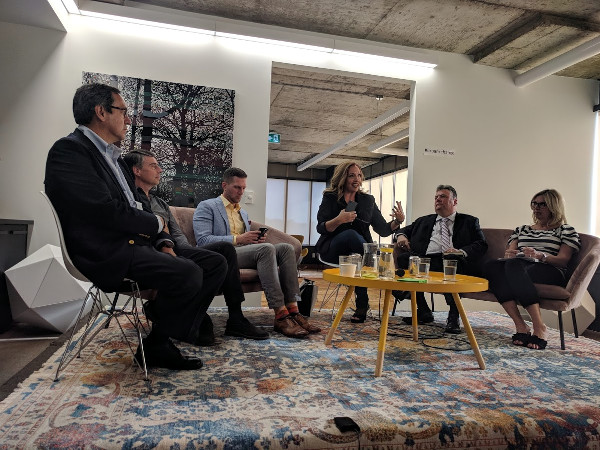 The panel, from left: Gil Peñalosa, Nicholas Kevlahan, Keanin Loomis, Laura Babcock, Brad Clark, and Debbie Dalle Vedove