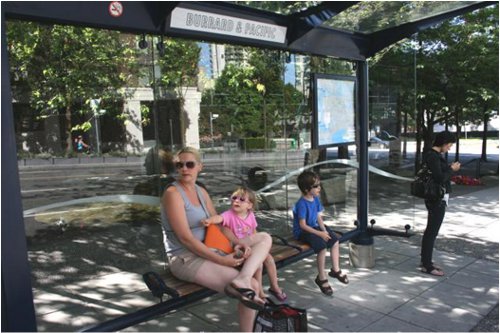 Bus stops are large, attractively designed and feature the name of the stop.