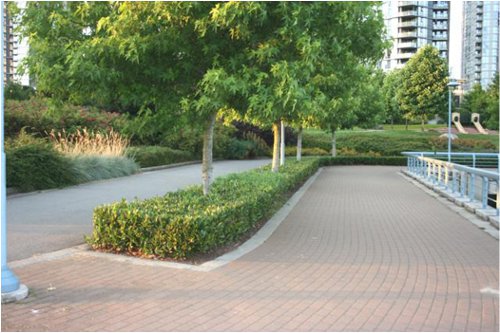 Separated pedestrian (to the right) and bike (to the left) paths on the seawall at George Wainburn Park.  This physically separated design was developed after many years of trial and error to reduce conflict between cyclists and pedestrians.  At first they shared the path, then a yellow line was painted down the middle and finally they decided a separated design was the only good solution.