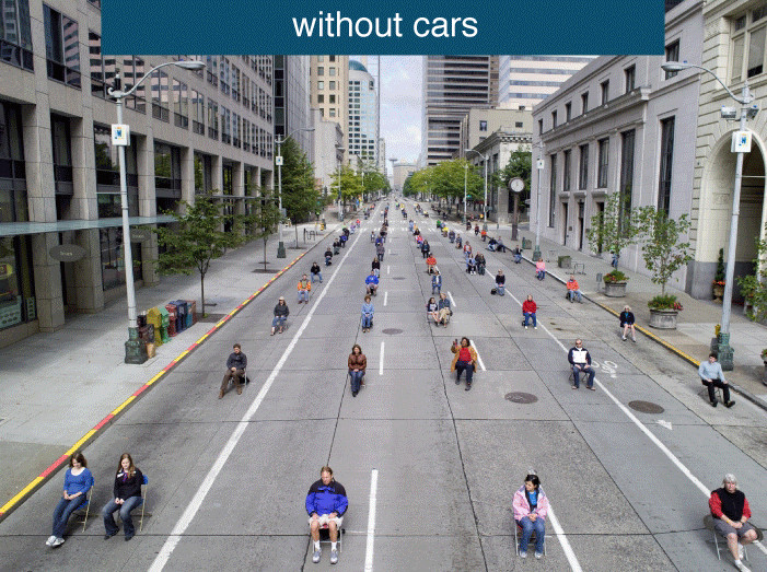 Second slide: space used by 200 people in cars without the cars