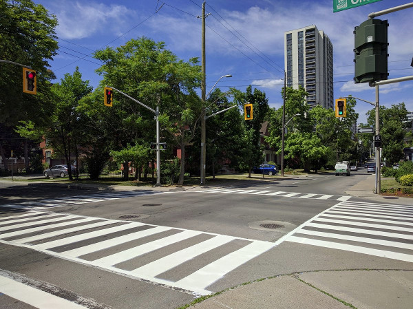 Zebra crosswalk, Charlton and Bay